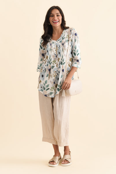 Angelo Blue Floral Cotton Button Top - Blue Bungalow AU