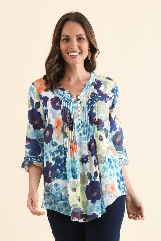 Angelo Blue Flower Cotton Button Top,Front,Brunette model,alt text|model:MJ image 1