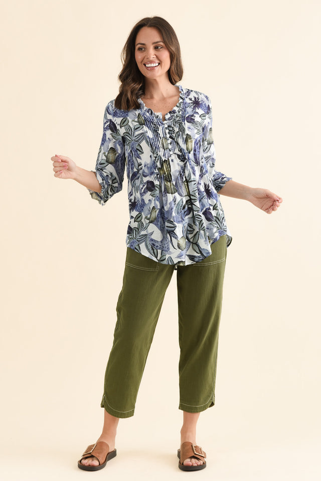 Angelo Blue Leaf Cotton Button Top,Full Body,Brunette model,alt text|model:MJ image 2
