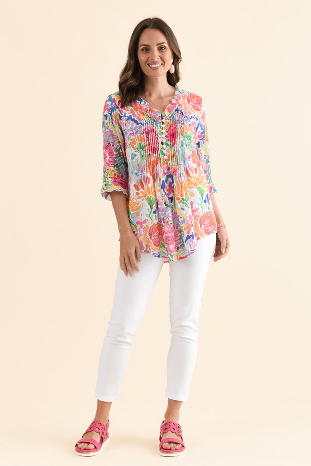 Angelo Pink Flower Cotton Button Top,Full Body,Brunette model,alt text|model:MJ image 6