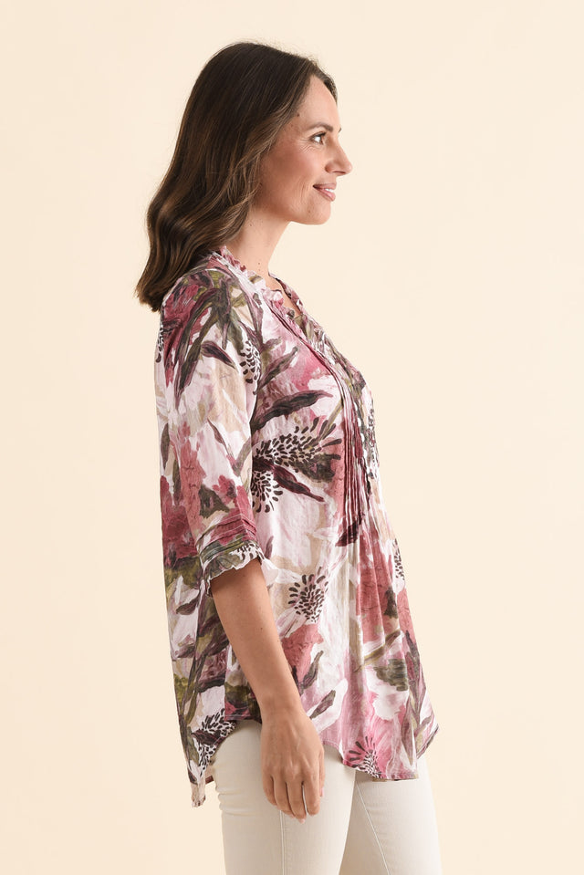 Angelo Taupe Floral Cotton Button Top,Side,Brunette model,alt text|model:MJ image 3