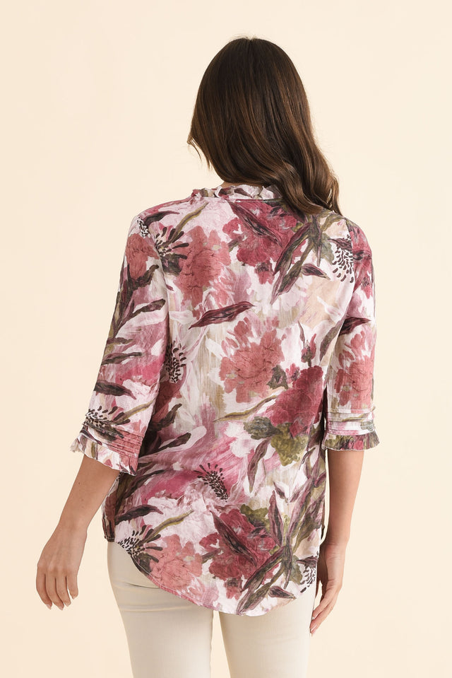 Angelo Taupe Floral Cotton Button Top,Back,Brunette model,alt text|model:MJ image 4