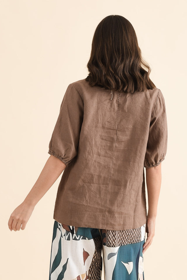 Anna Mocha Linen V Neck Top,Back,Brunette model,alt text|model:MJ image 4