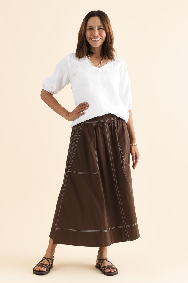 Marion Chocolate Contrast Cotton Skirt,Full Body,Brunette model,alt text|model:Cara image 2