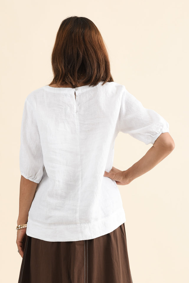 Anna White Linen V Neck Top,Back,Brunette model,alt text|model:Cara image 4