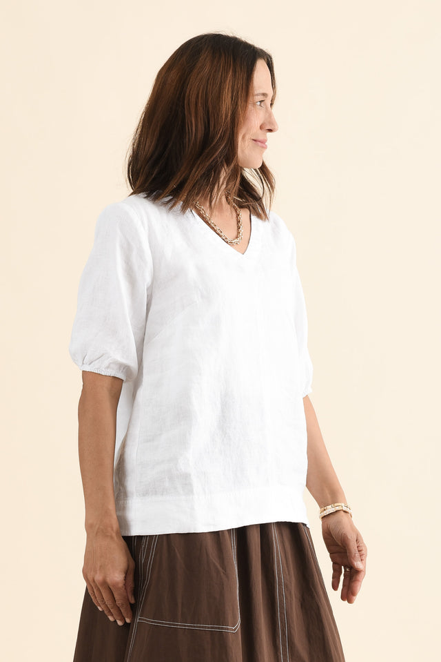 Anna White Linen V Neck Top,Side,Brunette model,alt text|model:Cara image 3