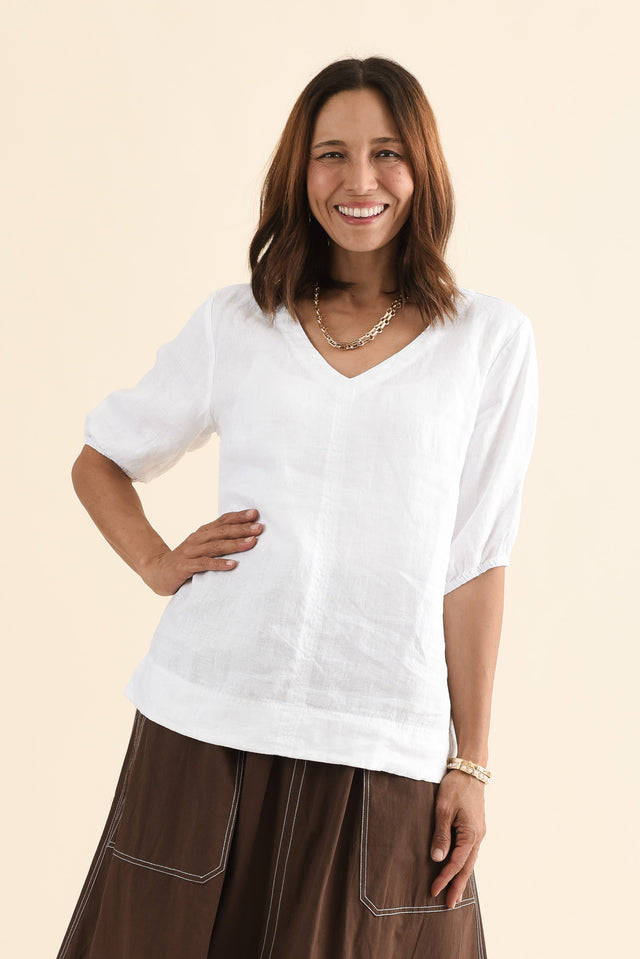 Anna White Linen V Neck Top,Front,Brunette model,alt text|model:Cara image 1