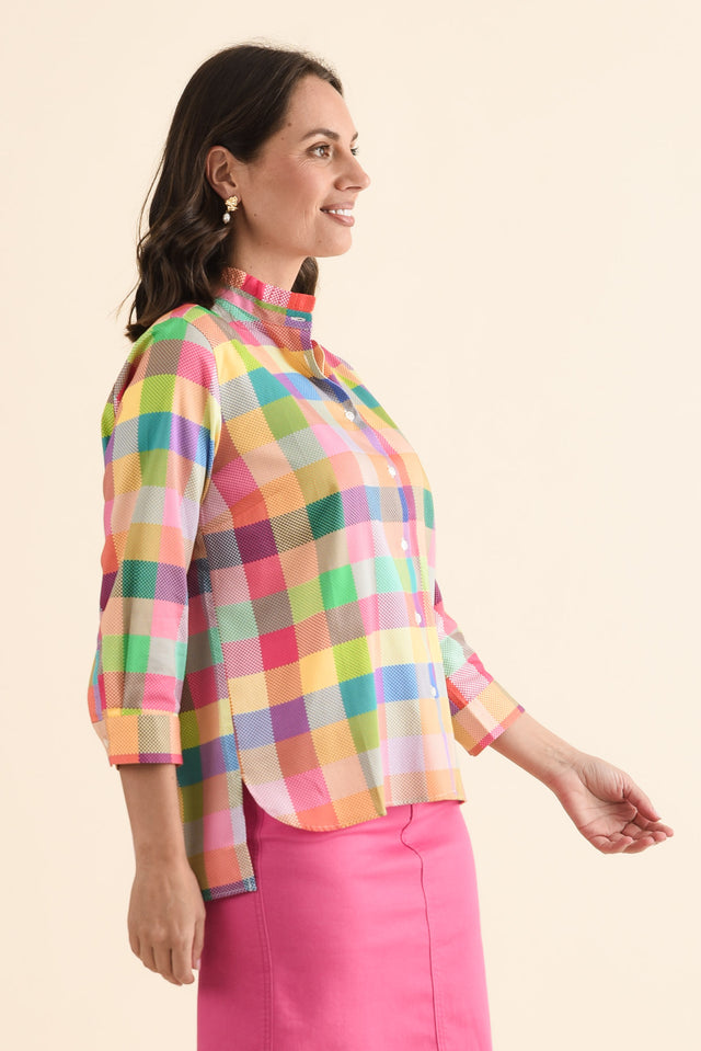 Antonia Pink Check Cotton Shirt,brunette model,Side of Outfit,alt text|model:MJ image 3