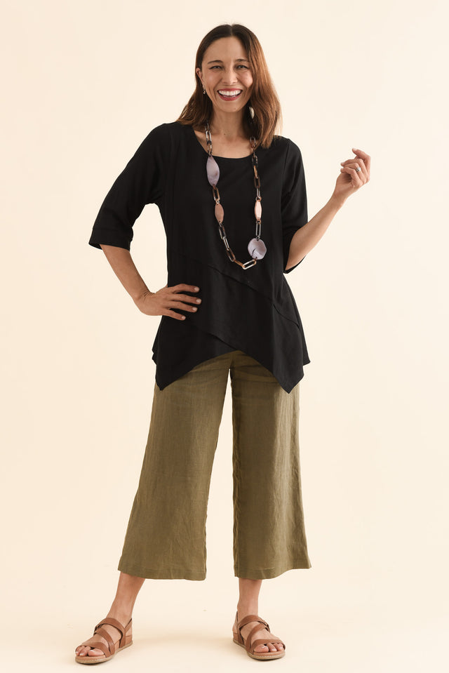 Anya Black Linen Cotton Top,Full Body,Brunette model,alt text|model:Cara image 2