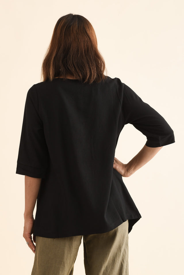 Anya Black Linen Cotton Top,Back,Brunette model,alt text|model:Cara image 4