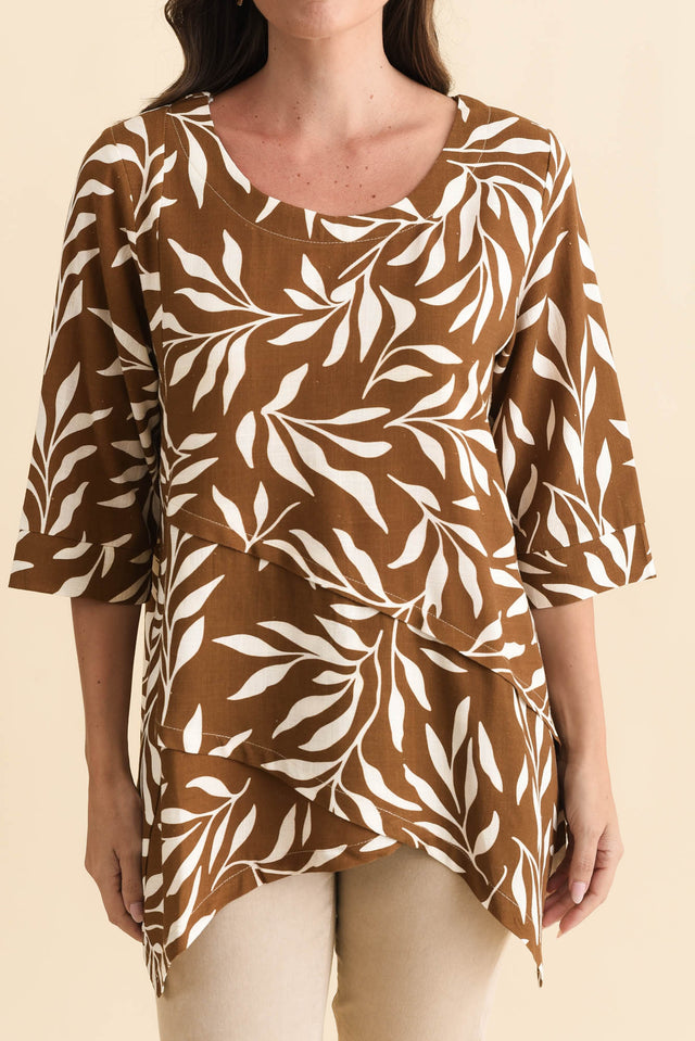 Anya Brown Leaf Linen Cotton Top,Brunette model,alt text|model:MJ image 7
