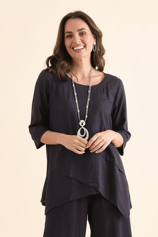 Anya Dark Blue Linen Cotton Top,Front,Brunette model,alt text|model:MJ