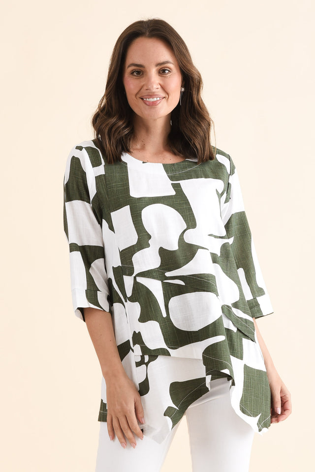 Anya Khaki Geo Linen Cotton Top,Front,Brunette model,alt text|model:MJ