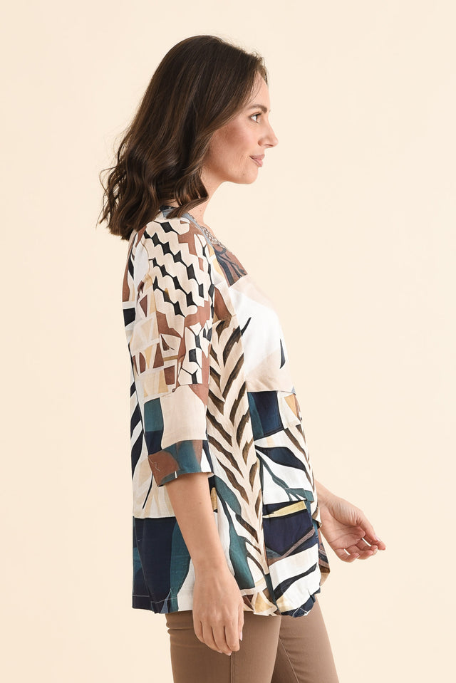 Anya Navy Leaf Linen Cotton Top,Side,Brunette model,alt text|model:MJ image 3