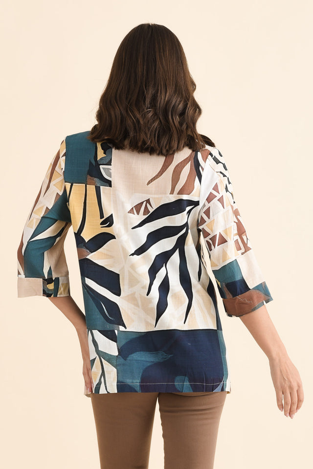 Anya Navy Leaf Linen Cotton Top,Back,Brunette model,alt text|model:MJ image 4