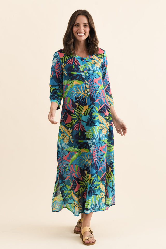 Apia Blue Jungle Cotton Maxi Dress,Brunette model,alt text|model:MJ image 3