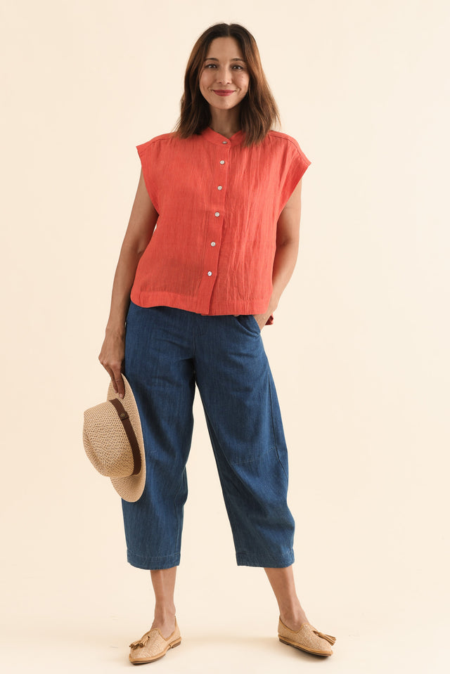 Ottie Blue Cotton Barrel Pants,Full Body,Brunette model,alt text|model:Cara image 6