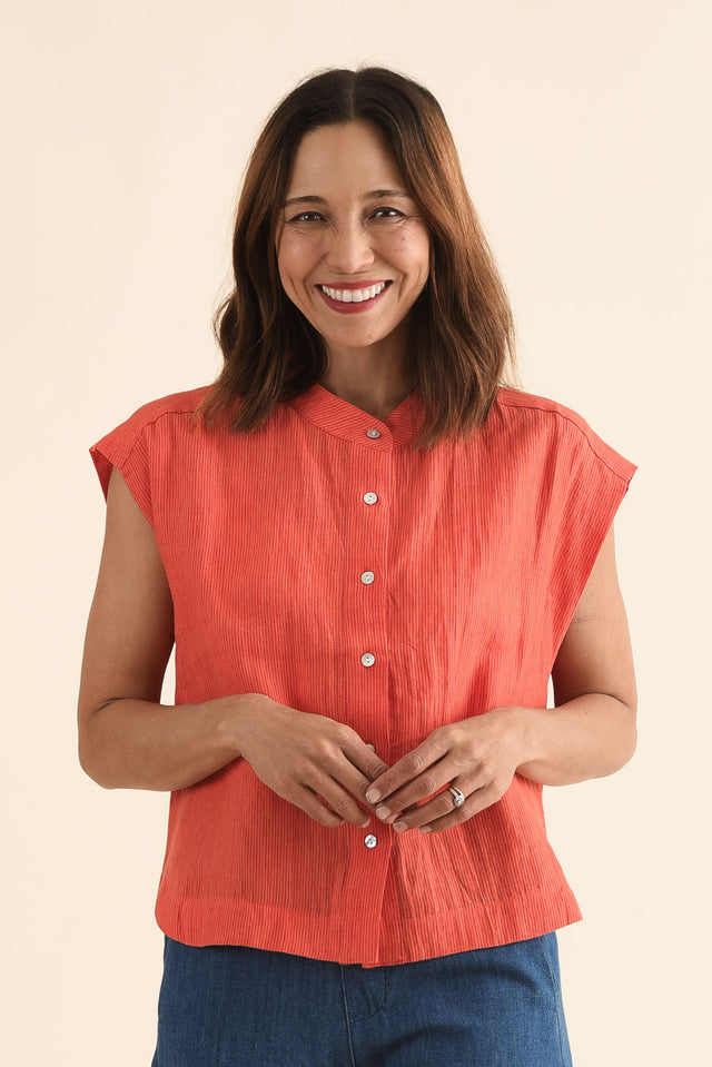 April Orange Stripe Linen Button Top,Front,Brunette model,alt text|model:Cara image 1