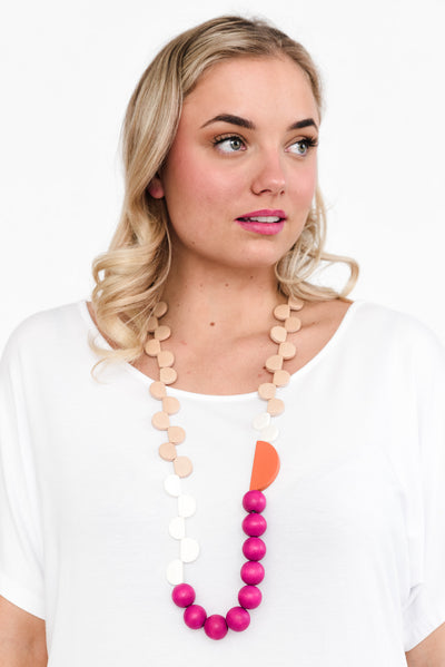 Ara Pink Wooden Beaded Necklace