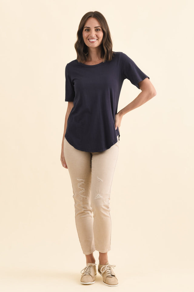 Ariana Navy Cotton Tee,Brunette model,alt text|model:MJ image 8