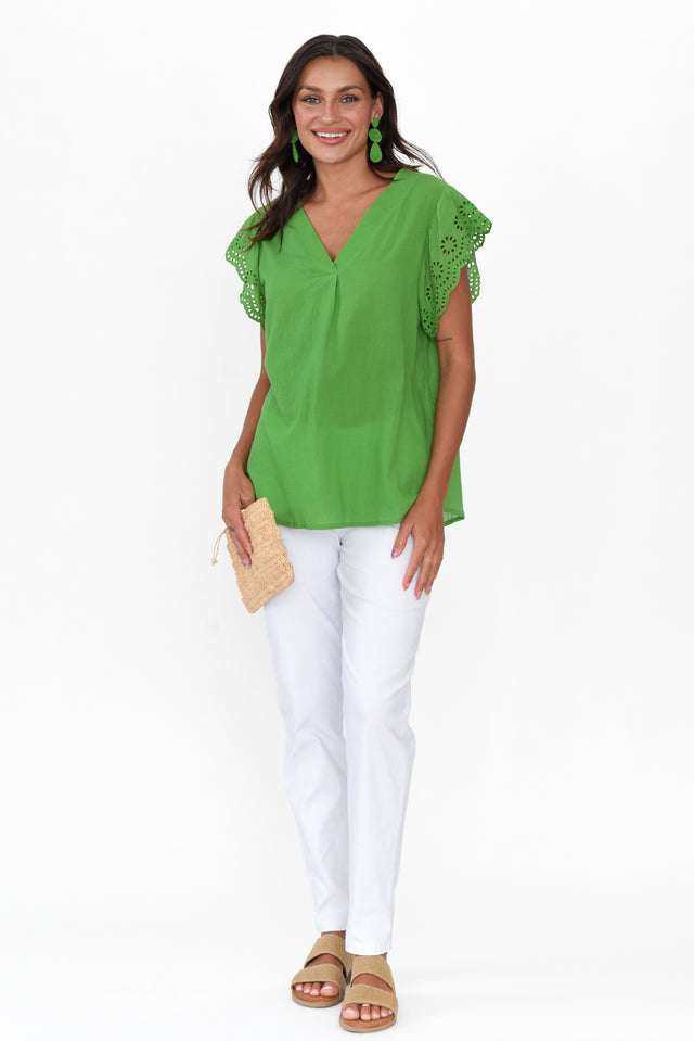 Ariel Green Cotton Embroidered Sleeve Top image 2