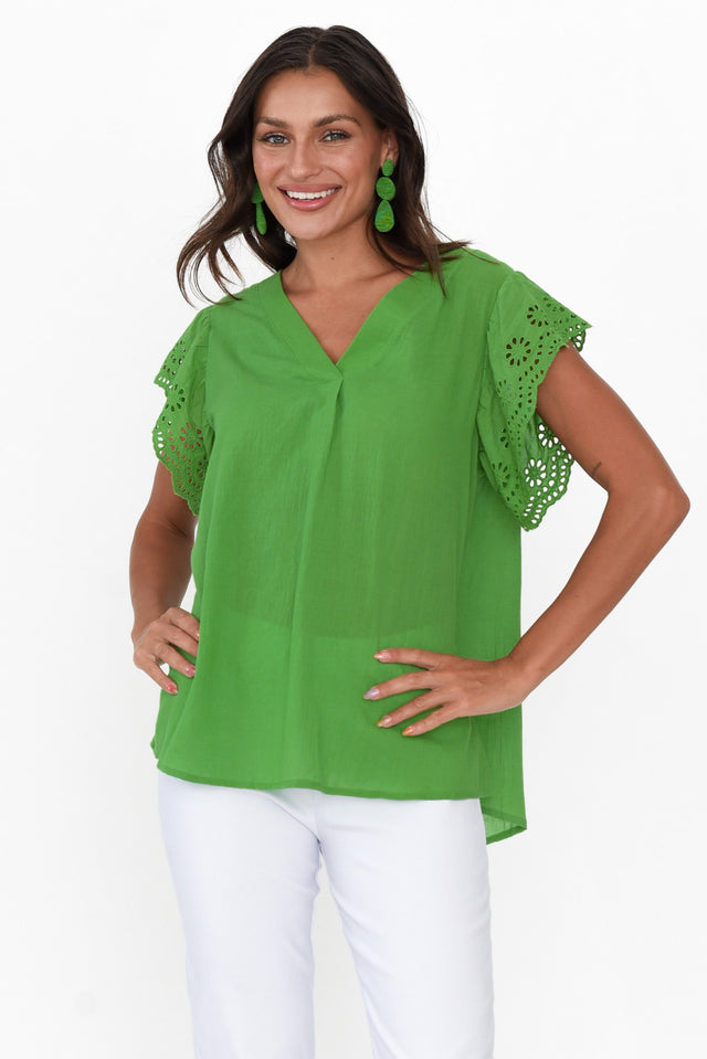 Ariel Green Cotton Embroidered Sleeve Top neckline_V Neck 