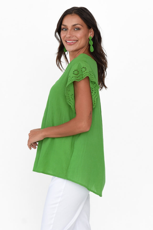 Ariel Green Cotton Embroidered Sleeve Top image 3