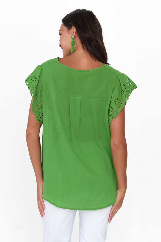 Ariel Green Cotton Embroidered Sleeve Top