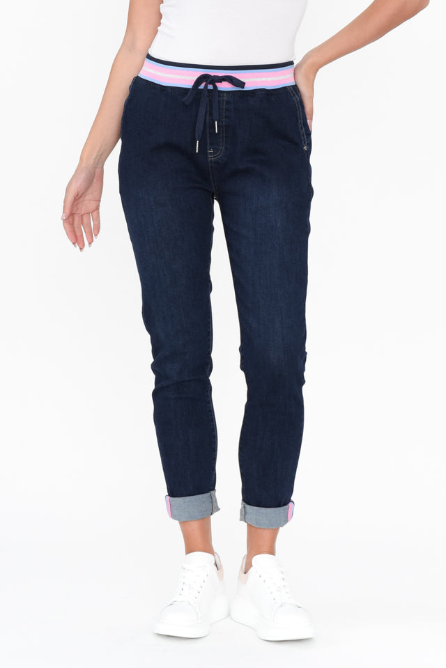 Arielle Dark Denim Jogger Pants length_Cropped rise_Mid print_Plain colour_Navy PANTS   alt text|model:MJ;wearing:8