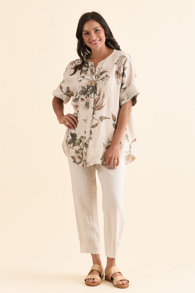 Arlon Beige Foliage Linen Button Top,Full Body,Brunette model,alt text|model:Brontie image 6