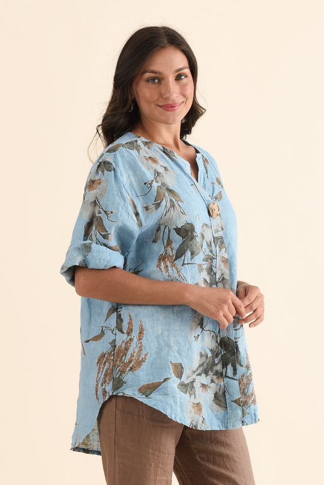 Arlon Blue Foliage Linen Button Top,Side,Brunette model,alt text|model:Brontie image 3