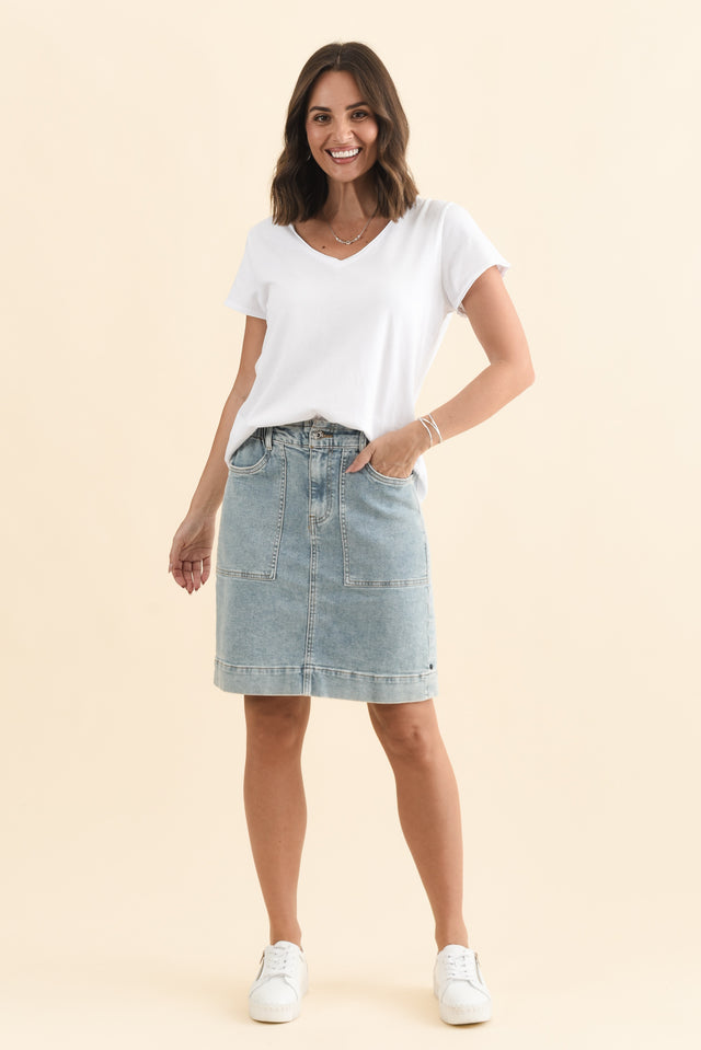 Atlas Blue Denim Stretch Skirt,Brunette model,alt text|model:MJ image 7