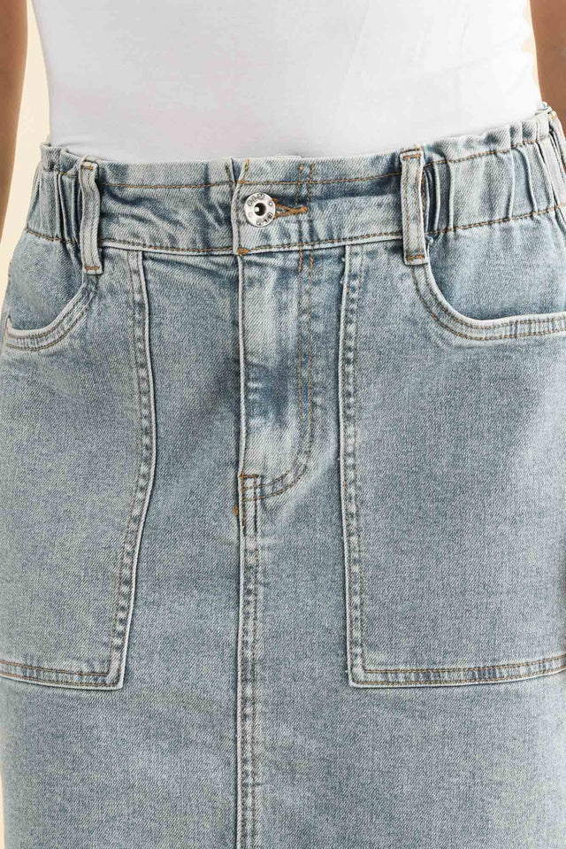 Atlas Blue Denim Stretch Skirt,Brunette model,alt text|model:MJ image 6