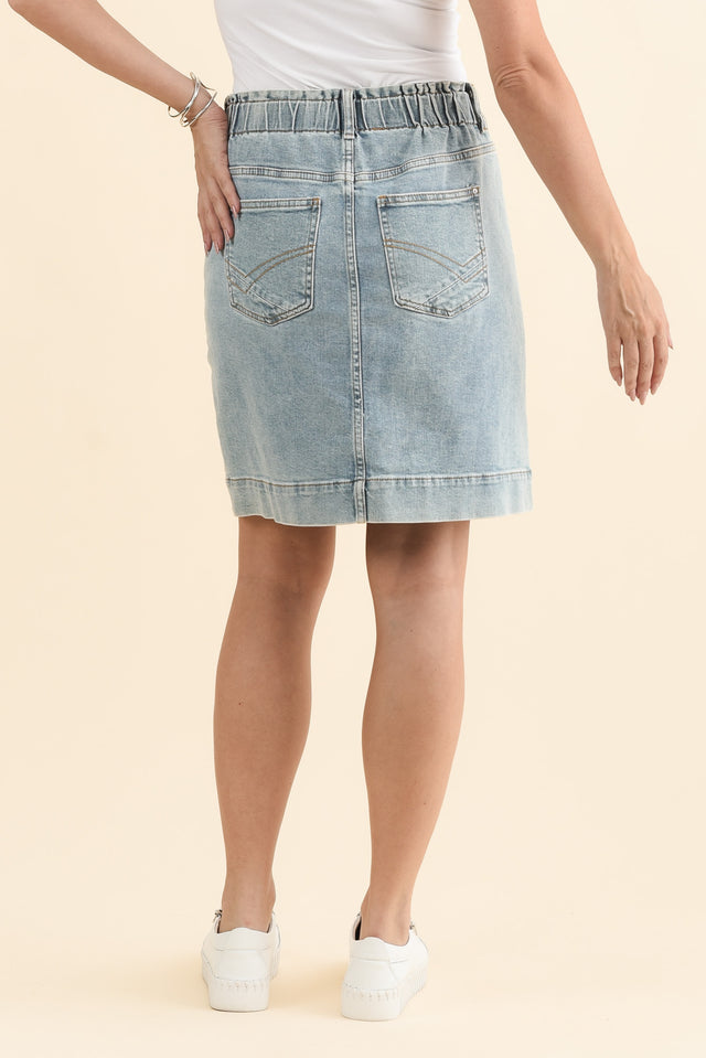 Atlas Blue Denim Stretch Skirt,Brunette model,alt text|model:MJ image 5