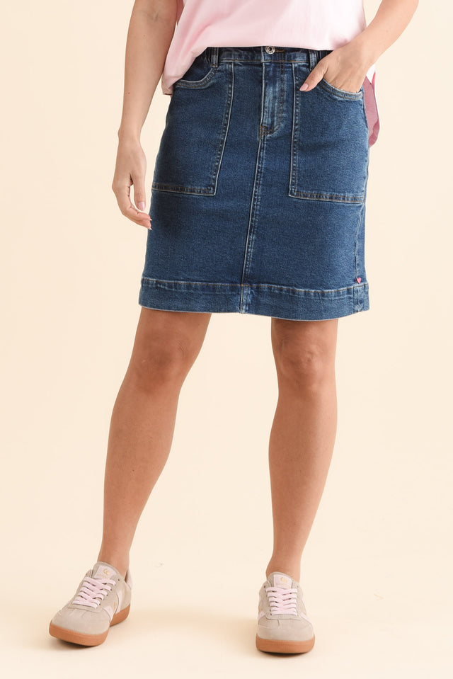 AtlasDarkBlueDenimStretchSkirt, Brunette model,Front,alt text|model:MJ