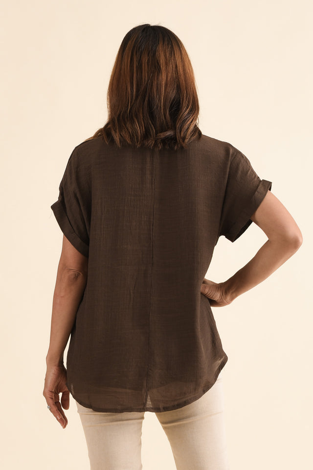 Attica Chocolate Cotton Blend Button Top,Back,Brunette model,alt text|model:Cara image 4
