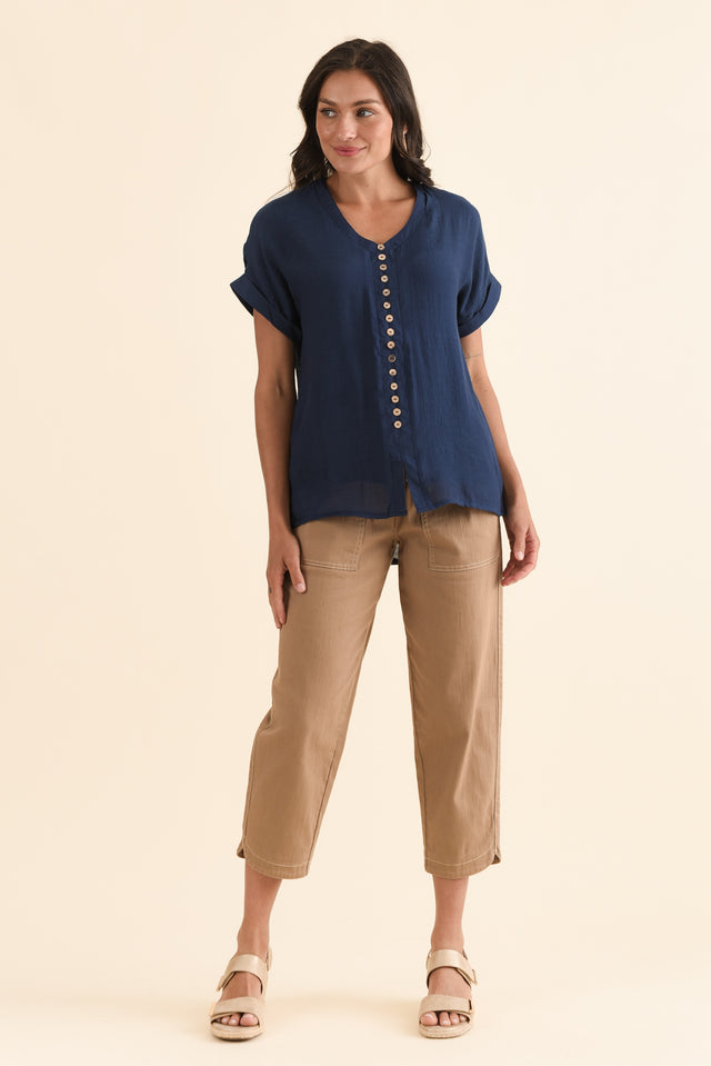 Attica Navy Cotton Blend Button Top,Full Body,Brunette model,alt text|model:Brontie image 2