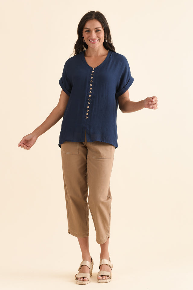Attica Navy Cotton Blend Button Top,Full Body,Brunette model,alt text|model:Brontie image 6