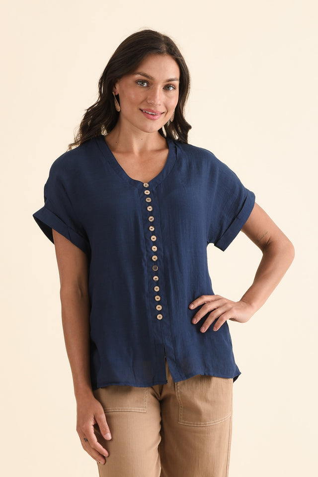 Attica Navy Cotton Blend Button Top,Front,Brunette model,alt text|model:Brontie image 1