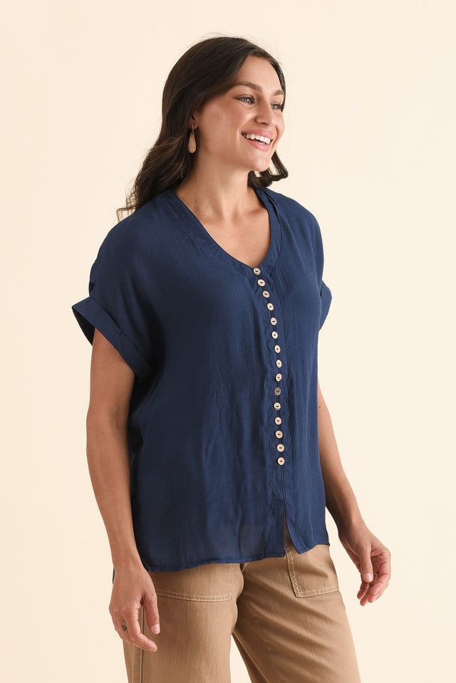 Attica Navy Cotton Blend Button Top,Side,Brunette model,alt text|model:Brontie image 3