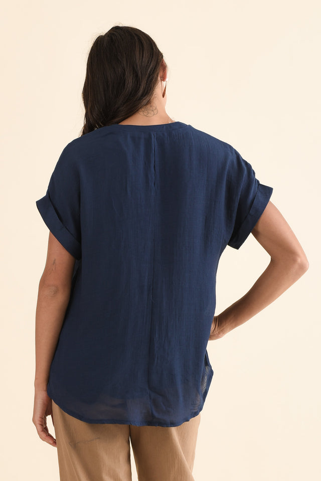 Attica Navy Cotton Blend Button Top,Back,Brunette model,alt text|model:Brontie image 4
