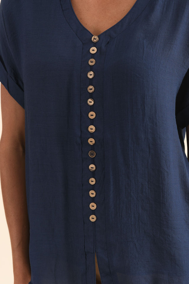 Attica Navy Cotton Blend Button Top,Detail,Brunette model,alt text|model:Brontie image 5