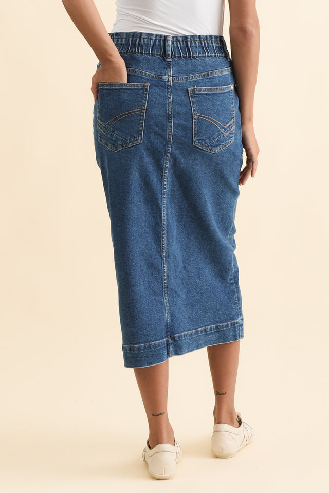 Attie Dark Blue Denim Stretch Midi Skirt,Brunette model,alt text|model:Brontie image 5