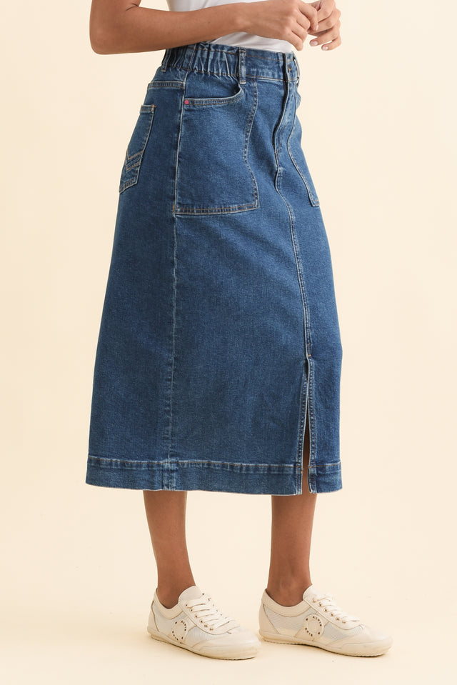 Attie Dark Blue Denim Stretch Midi Skirt,Brunette model,alt text|model:Brontie image 4