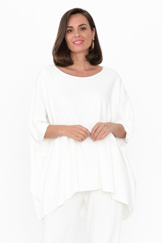 Atwood White Batwing Top neckline_Round print_Plain sleevetype_Batwing length_Long hem_Hi Lo sleeve_Half TOPS   alt text|model:MJ;wearing:One Size image 1