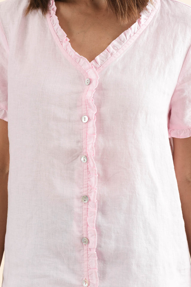 Audrey Pink Linen Button Top,Detail,Brunette model,alt text|model:Cara image 5