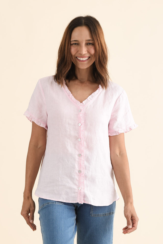 Audrey Pink Linen Button Top,Front,Brunette model,alt text|model:Cara image 1