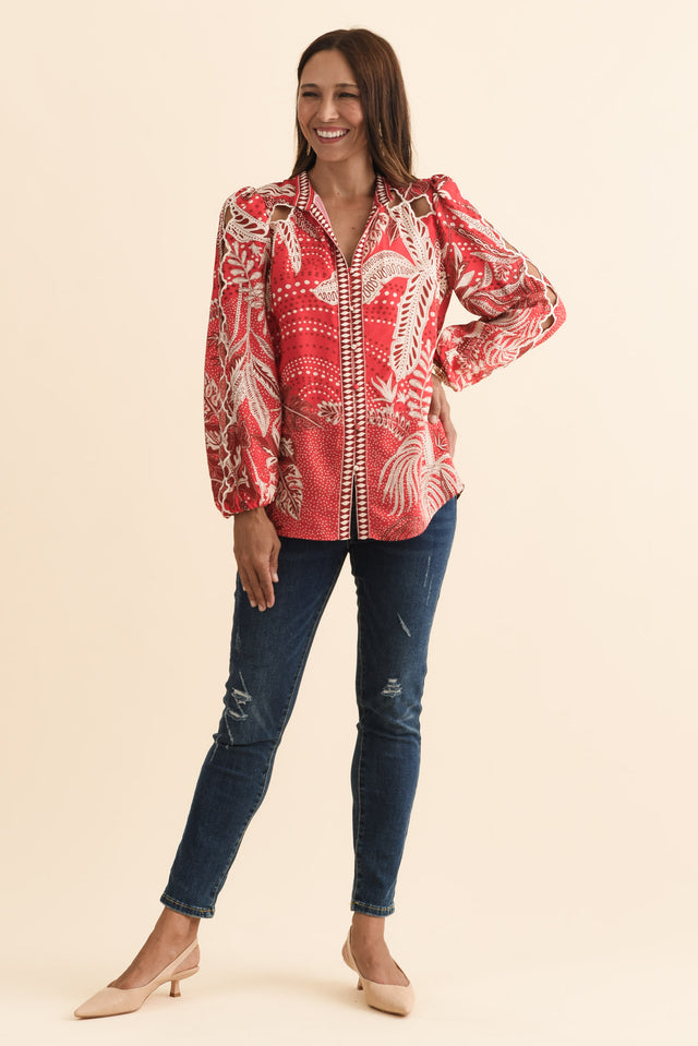 Audrey Red Palm Embroidered Blouse,Brunette model,alt text|model:Cara image 3