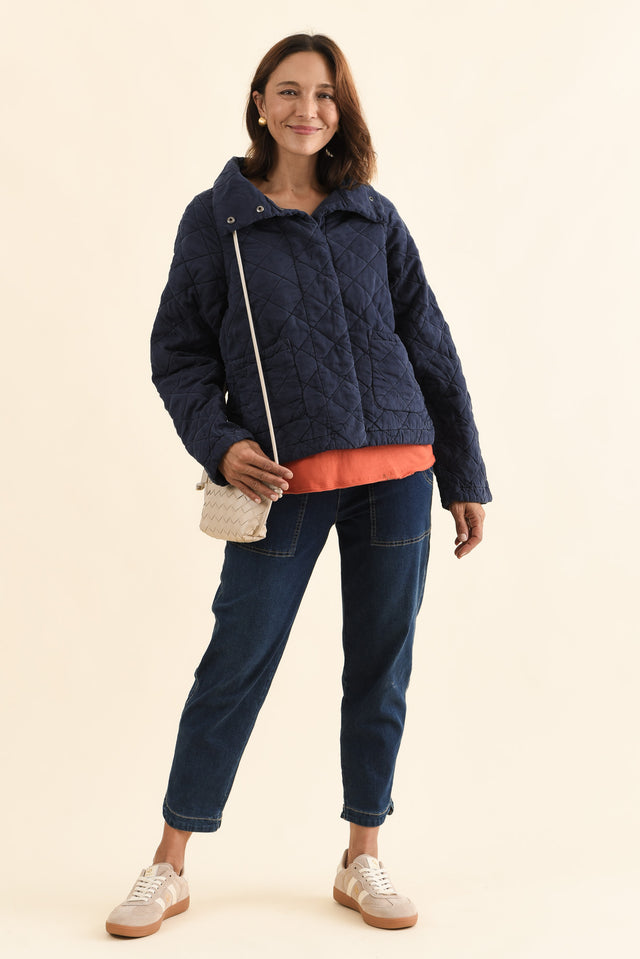 Aurora Navy Quilted Jacket,Full Body,Brunette model,alt text|model:Cara