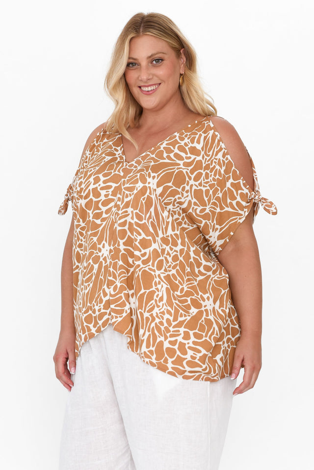 Avalee Tan Abstract Cold Shoulder Top